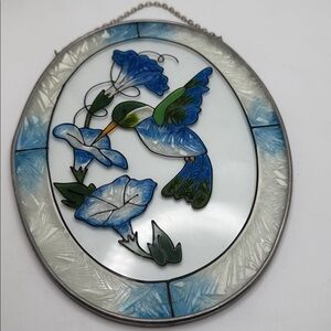 VTG Joan Baker Oval Stained Glass Hummingbird Morning Glory Sun Catcher